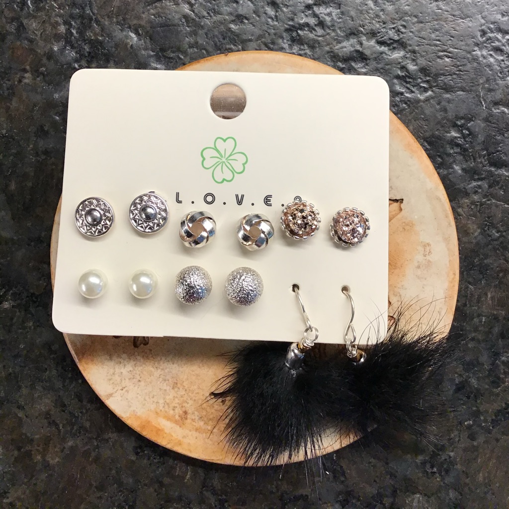 New Clover Multi Pack Faux Fur & Stud Earrings Set
